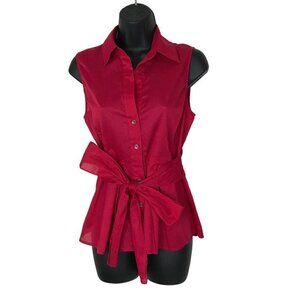 Theory Red Sleeveless Blouse 100% Cotton With Ties & Pleats Size S